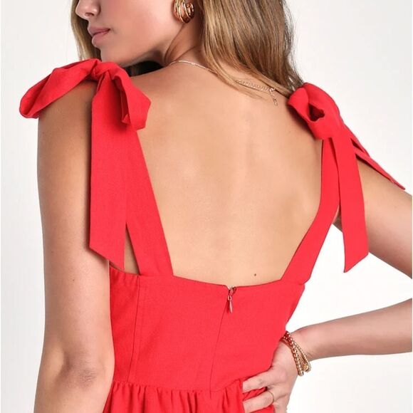 Lulu's Tier-ly Delightful Linen Blend Red Tie-Strap Tiered Bustier Mini Dress S - Picture 4 of 12